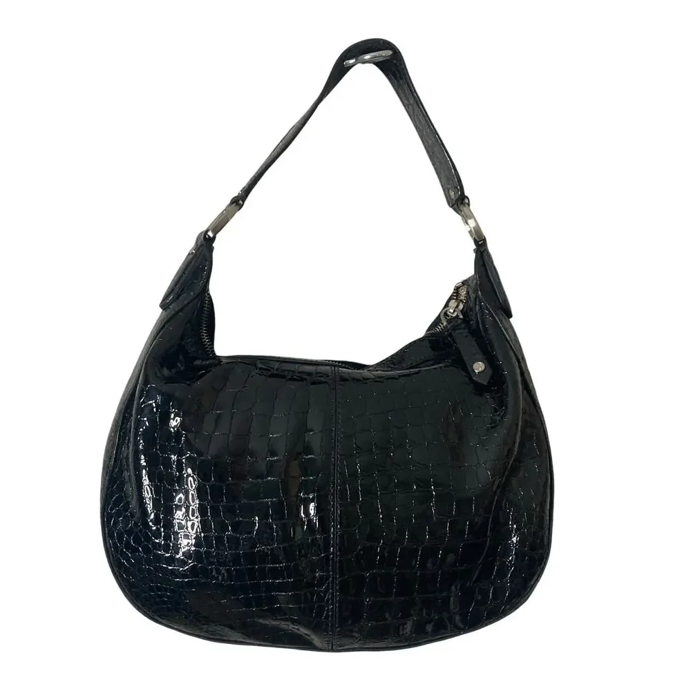 Cole Haan Hobo Bag Womens Black Patent Leather Croc Embossed Y2K Shoulder Purse